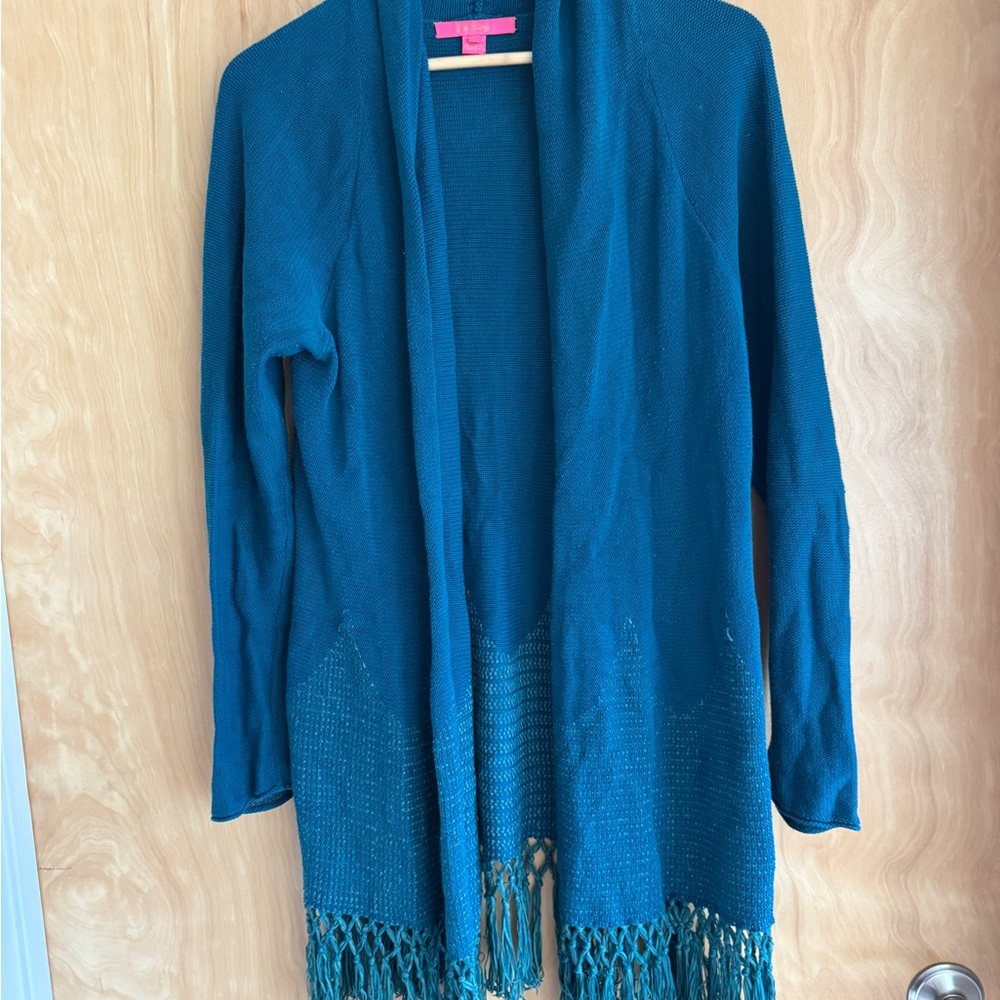Lilly Pulitzer Teal Open-Front Sweater with Fringe